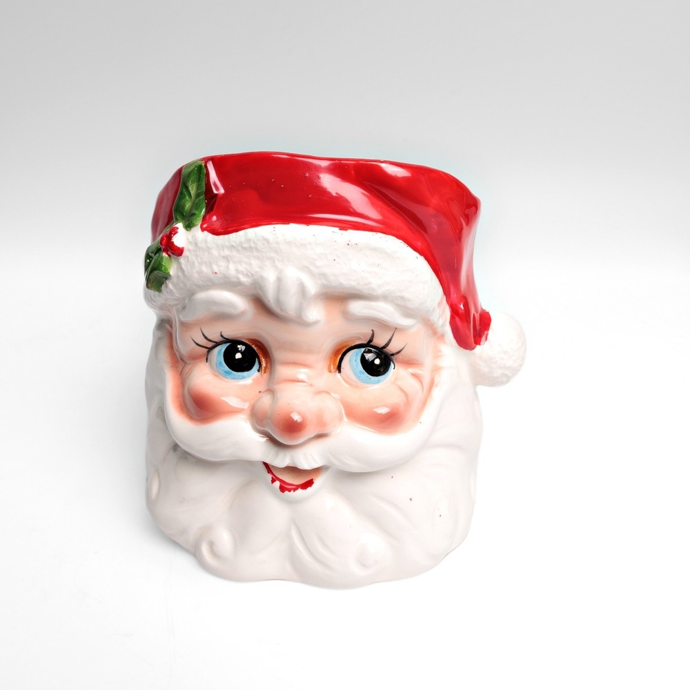 Vintage Santa Head Ceramic Planter Christmas Decoration Red And White